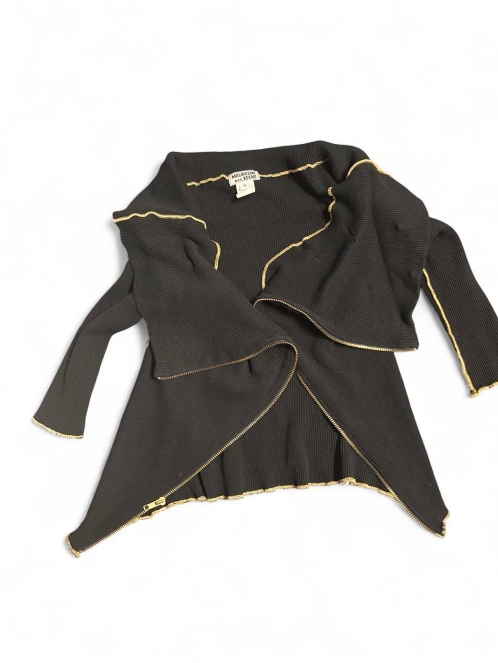 Vintage Maureen Keene NYC Black Waffle Knit Jacket and pants set with Gold Trim